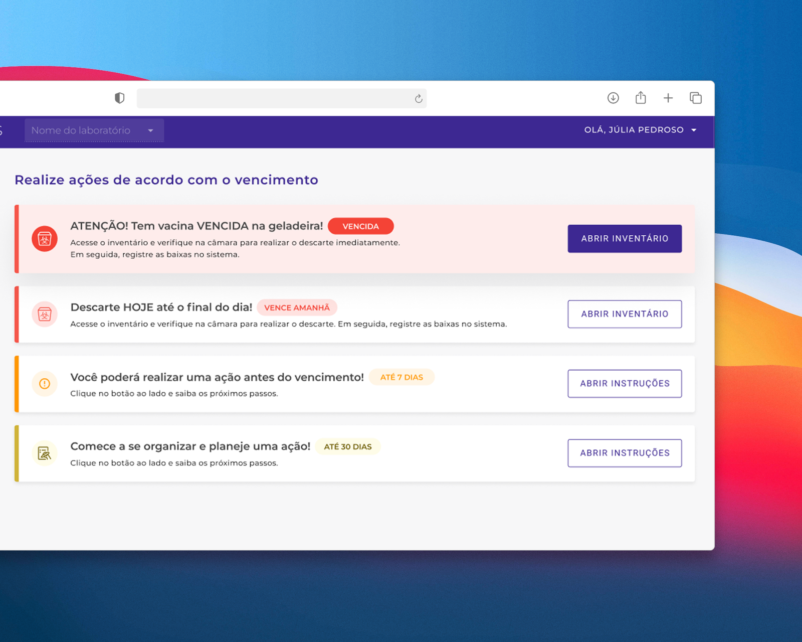 Sistema de controle de inventário com alertas de vencimento de doses