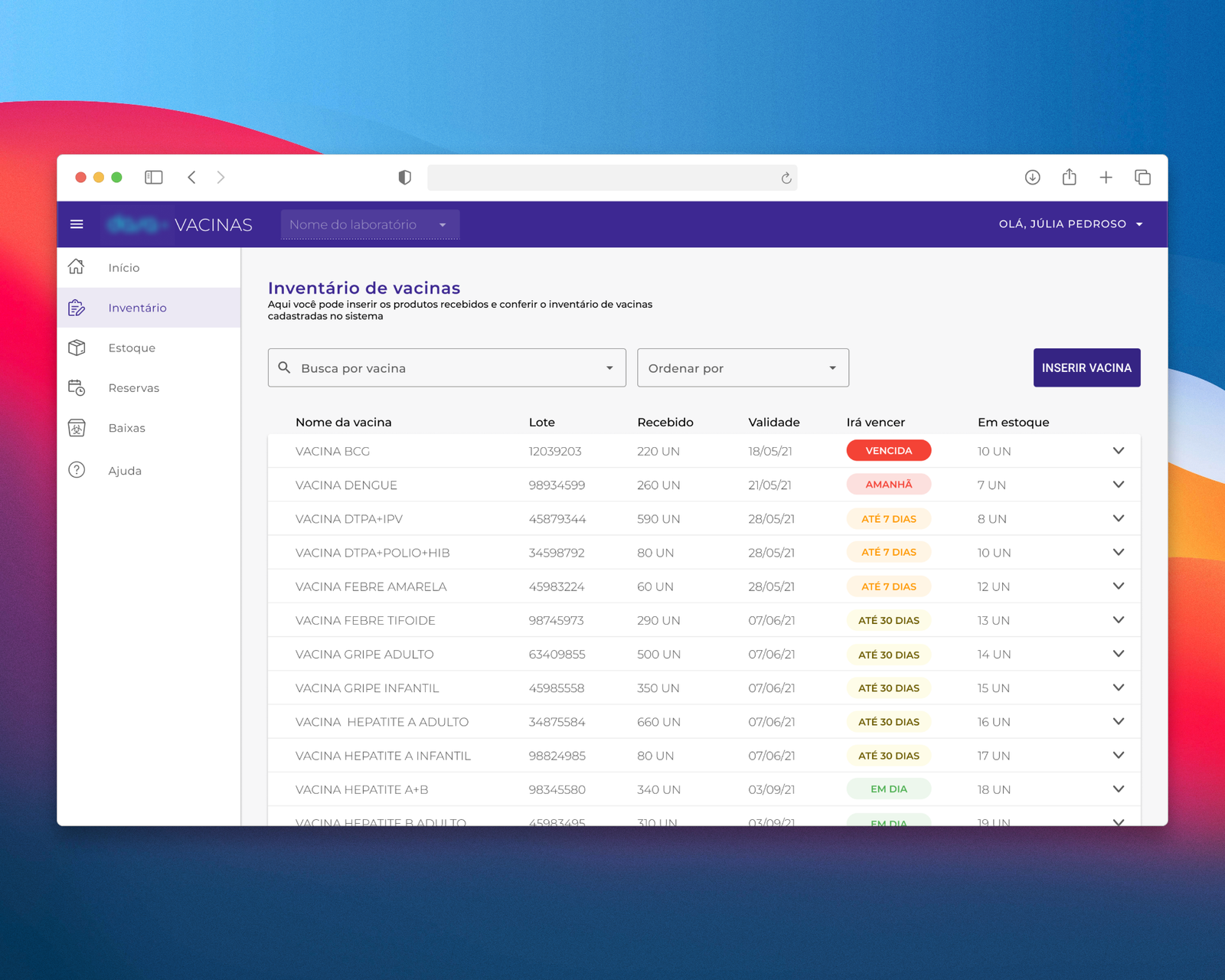 Tela de inventário com alertas de vencimento — visão geral
