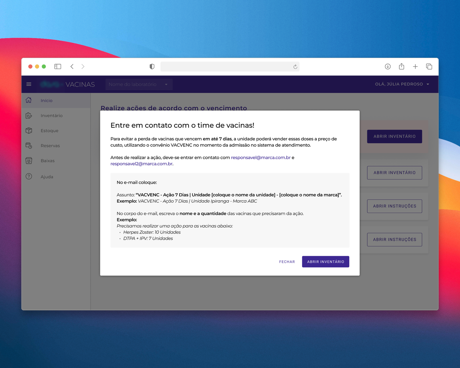 Modal de detalhes do alerta — saiba mais