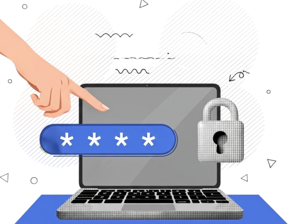 Ilustração de um laptop com um cadeado ao lado e uma mão apontando para um campo de senha com asteriscos.