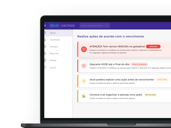 Tela de um laptop exibindo um sistema digital de gestão de vacinas com alertas de vencimento e ações recomendadas.