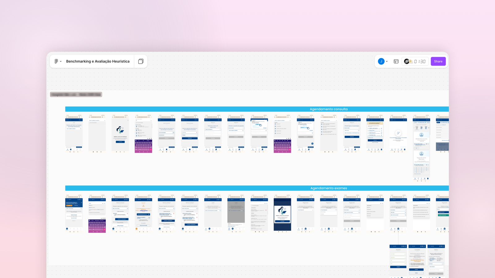 Imagem de um painel de benchmarking e avaliação heurística composto por dezenas de telas de aplicativos de agendamento digital. As telas estão organizadas em linhas, comparando diferentes jornadas, como agendamento de consulta e agendamento de exames, para análise de padrões, boas práticas e pontos de fricção.