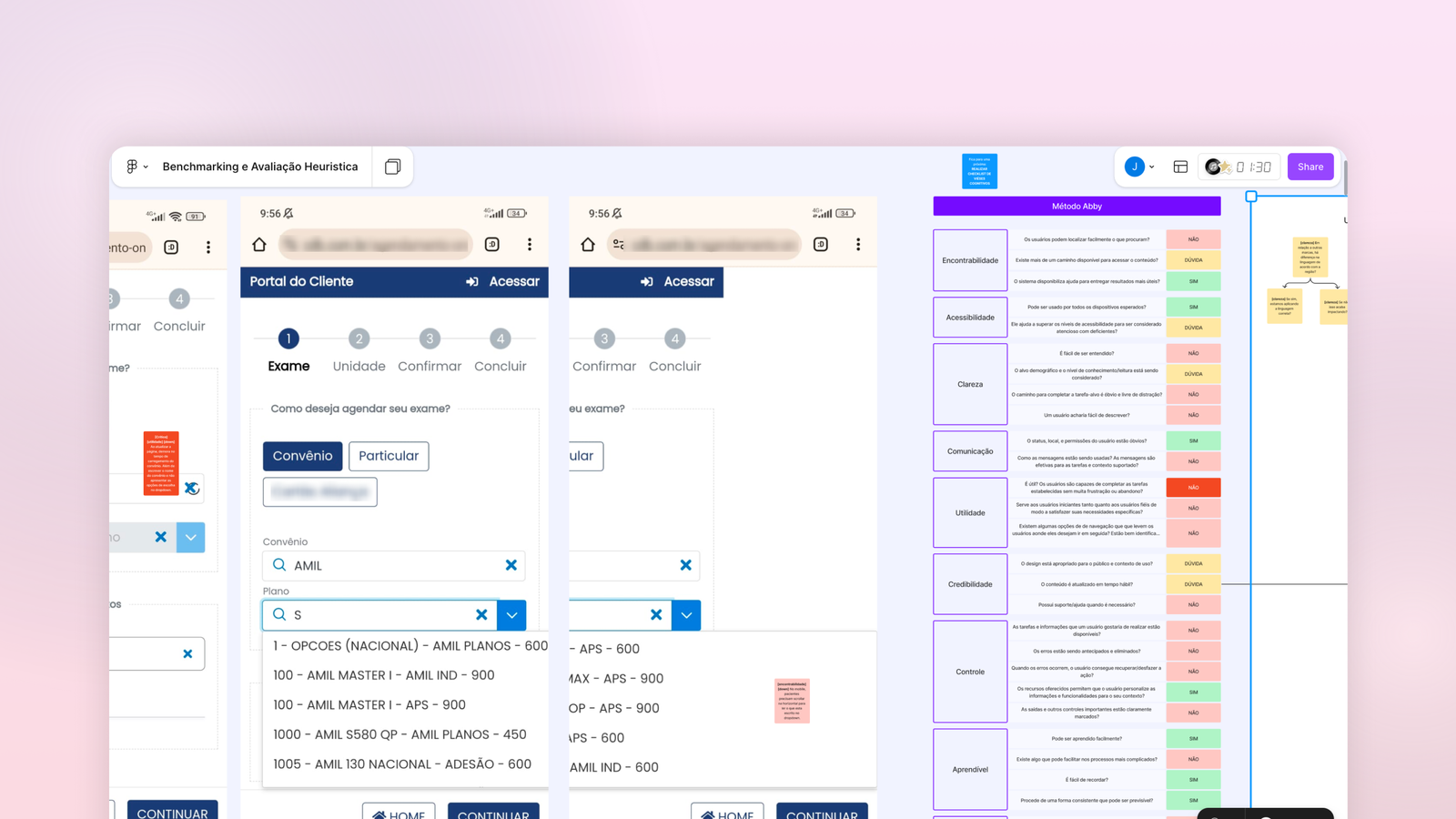 Imagem de uma avaliação heurística do fluxo atual de agendamento digital. À esquerda, aparecem telas reais do processo de escolha de exame, convênio e plano. À direita, há uma matriz de avaliação heurística com categorias como reconhecimento, acessibilidade, clareza, comunicação, usabilidade e consistência, cada uma com notas e comentários indicando problemas e oportunidades de melhoria.